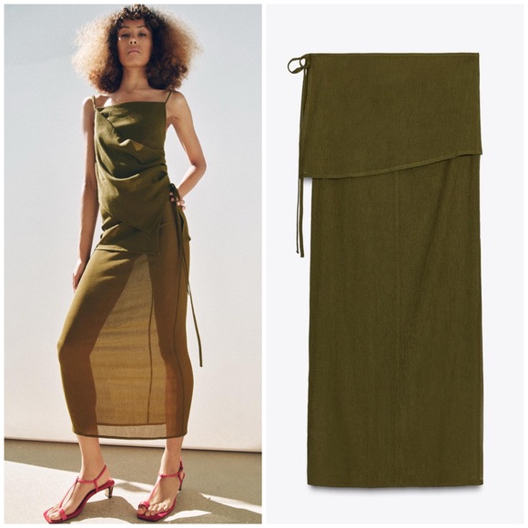 Zara Dresses & Skirts - Zara Semi-Sheer Textured Wrap Skirt In Green Size M NWT
